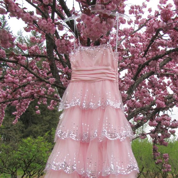 PINK BALL GOWN, Size 3-4, RUFFLED SKIRT SILVER SEQUINS, PROM, SPECIAL OCCASION - Picture 11 of 13